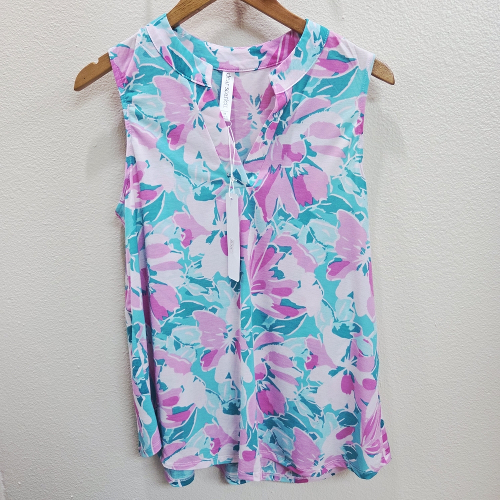 Vibrant Floral Sleeveless Blouse - Pink and Blue